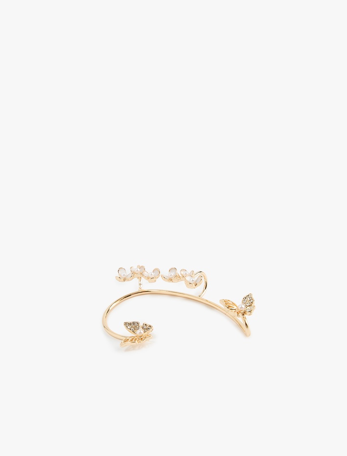 Kadın Taş ve İnci Detaylı Çiçekli Tam Kulak Kıkırdak Küpe