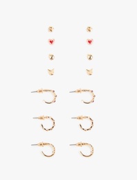 Taş Detaylı Kalpli 7'li Top ve Halka Küpe Seti