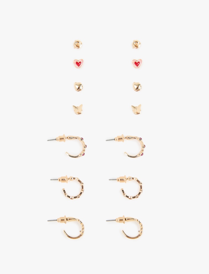 Kadın Taş Detaylı Kalpli 7'li Top ve Halka Küpe Seti