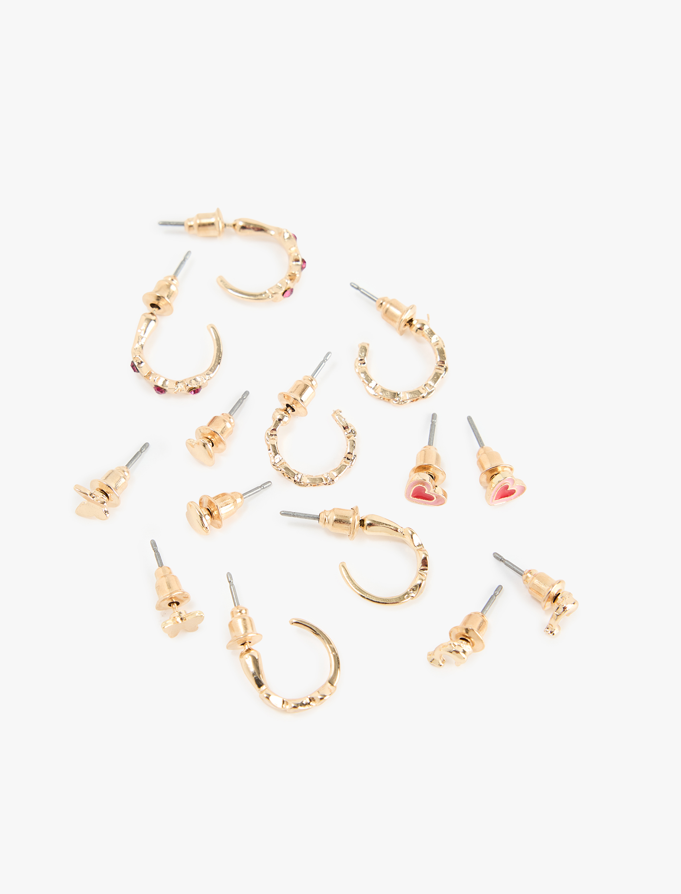  Kadın Taş Detaylı Kalpli 7'li Top ve Halka Küpe Seti