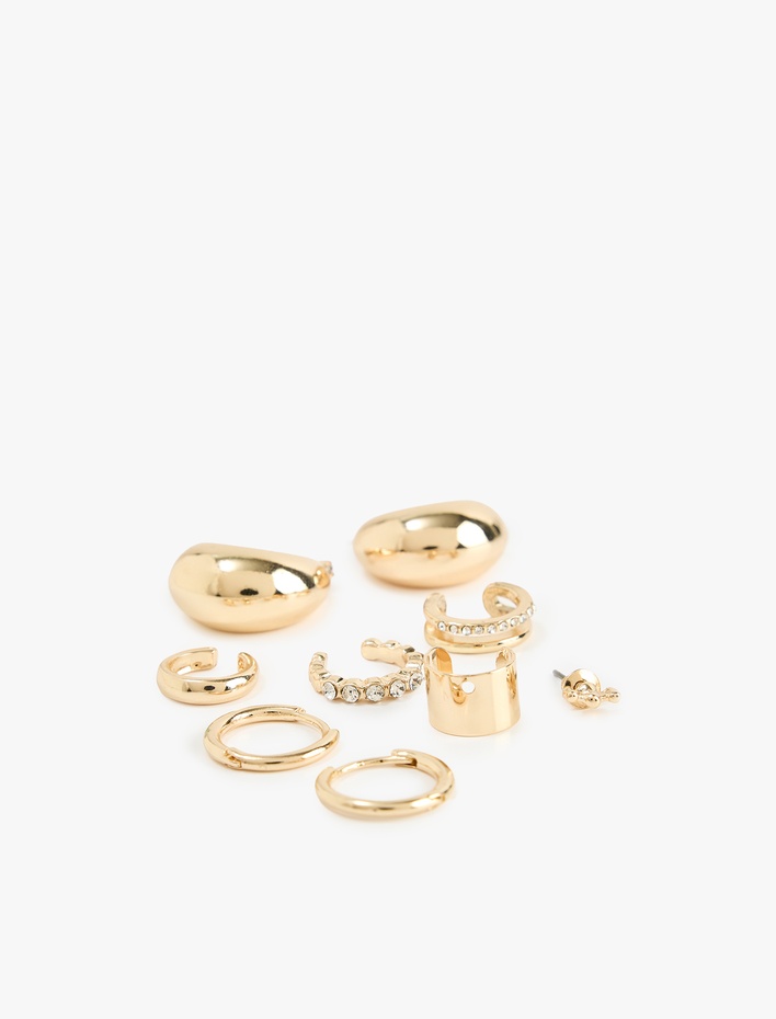 Kadın Çelik Karışımlı Taş Detaylı Halka ve Kıkırdak Küpe Seti