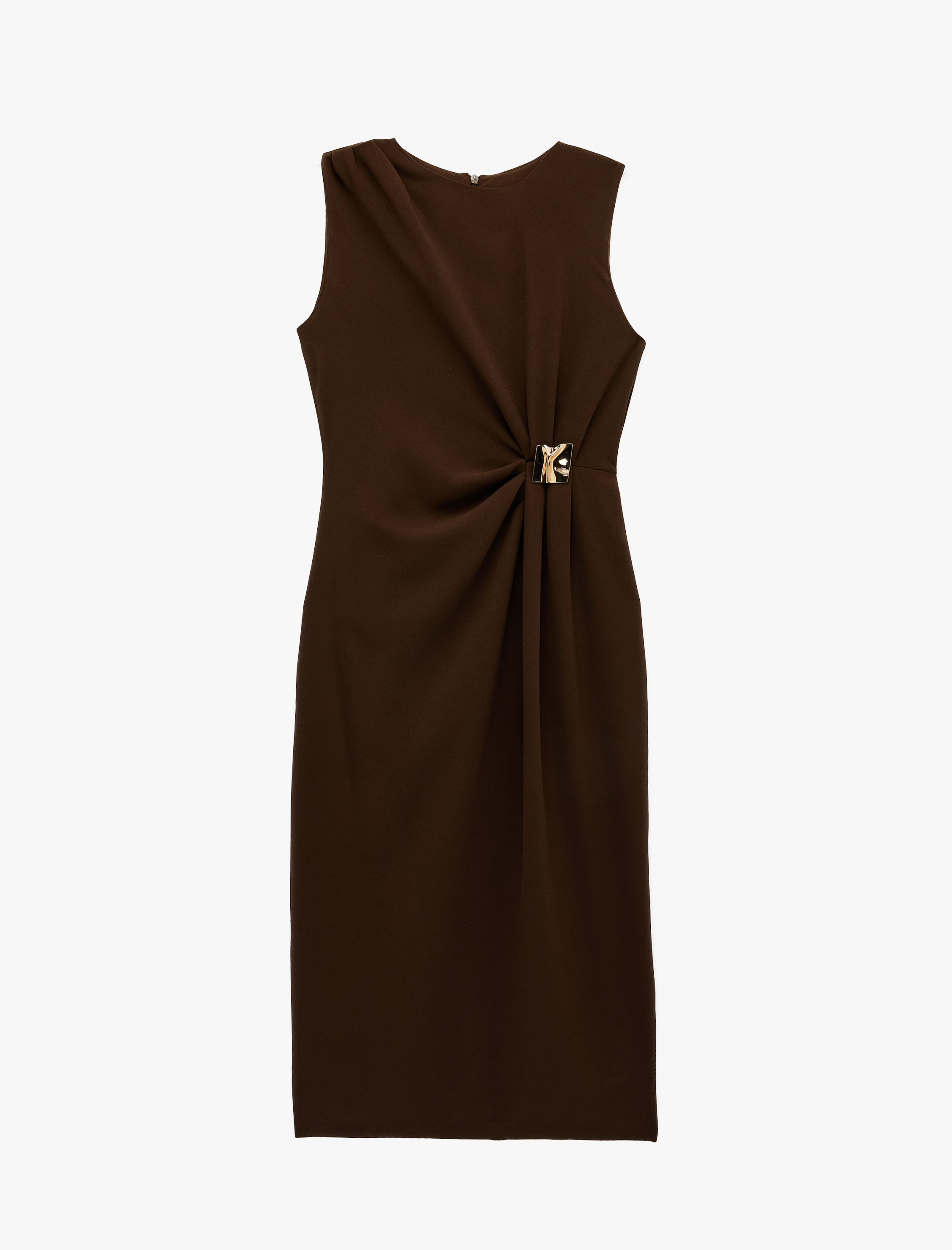   Krep Kumaş Slim Fit Aksesuarlı Kolsuz Bisiklet Yaka Midi Boy Drapeli Elbise