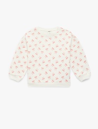 Uzun Kollu Bisiklet Yaka Fiyonk Baskılı Pamuklu Sweatshirt