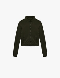 Uzun Kollu Slim Fit Dikiş Detaylı Dik Yaka Fermuarlı Cepli Spor Sweatshirt