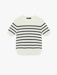 Regular Fit Kısa Kollu Bisiklet Yaka Çizgili Triko Kazak