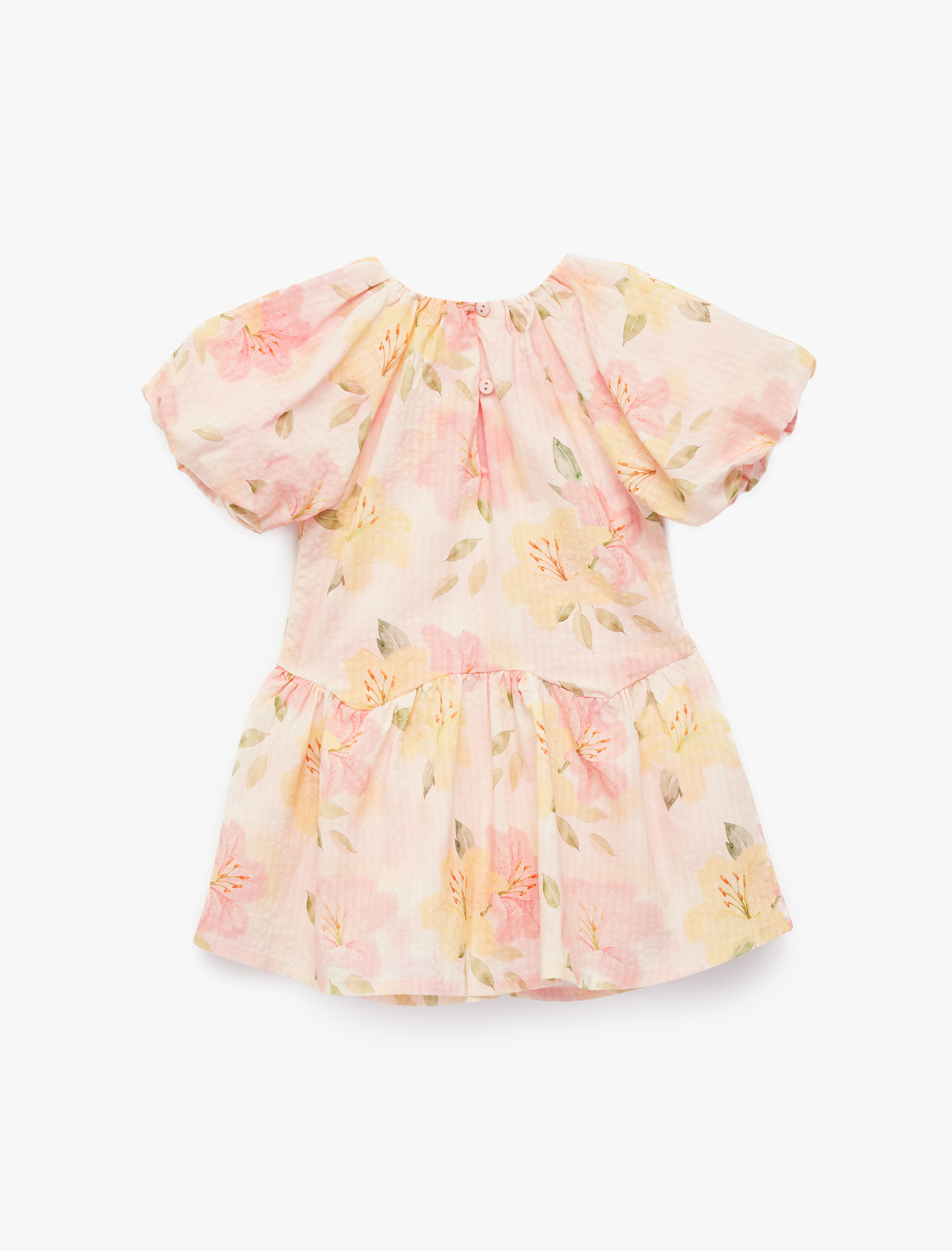  Kız Bebek Kısa Kollu Büzgü Detaylı Bisiklet Yaka Pamuklu Çiçekli Elbise