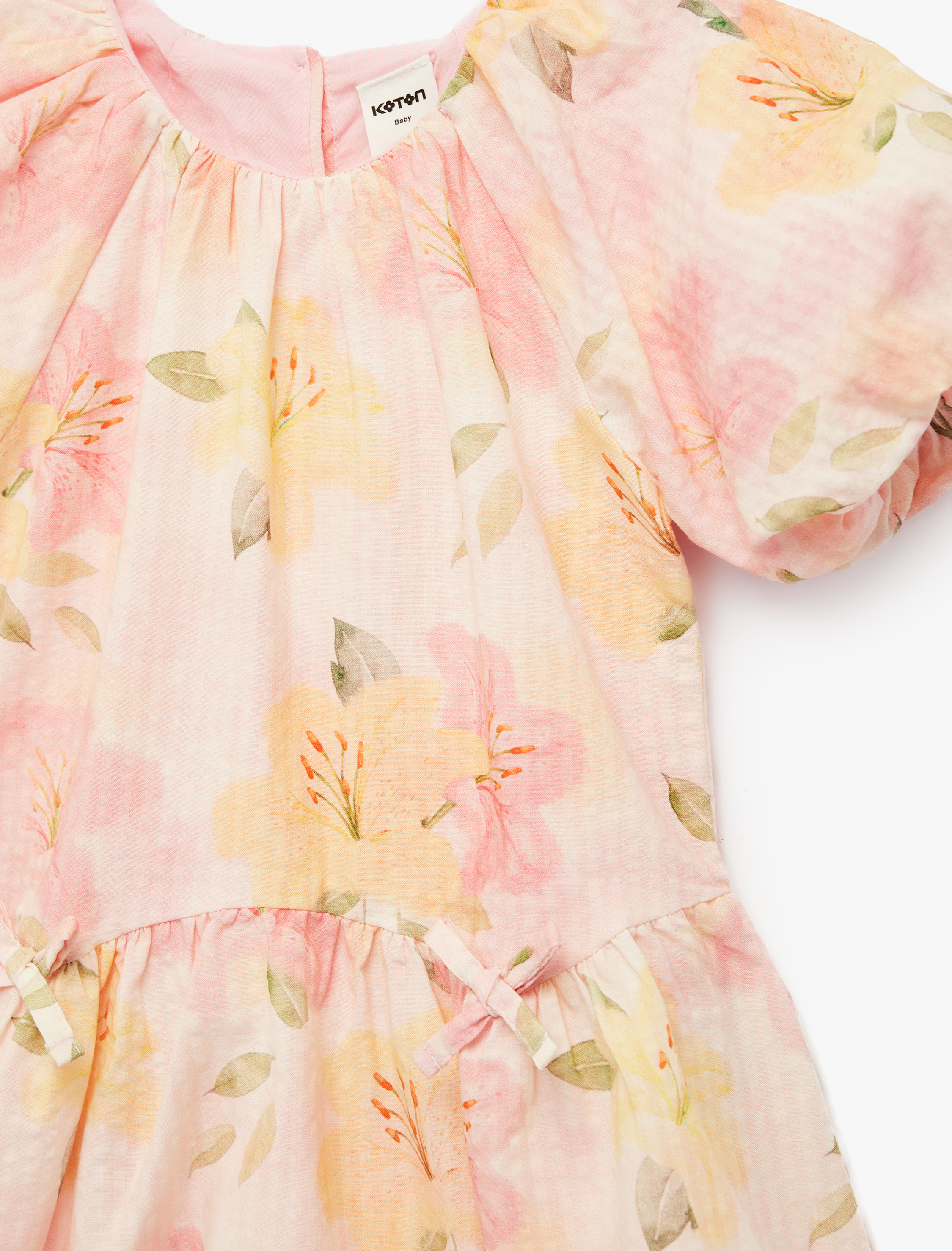  Kız Bebek Kısa Kollu Büzgü Detaylı Bisiklet Yaka Pamuklu Çiçekli Elbise