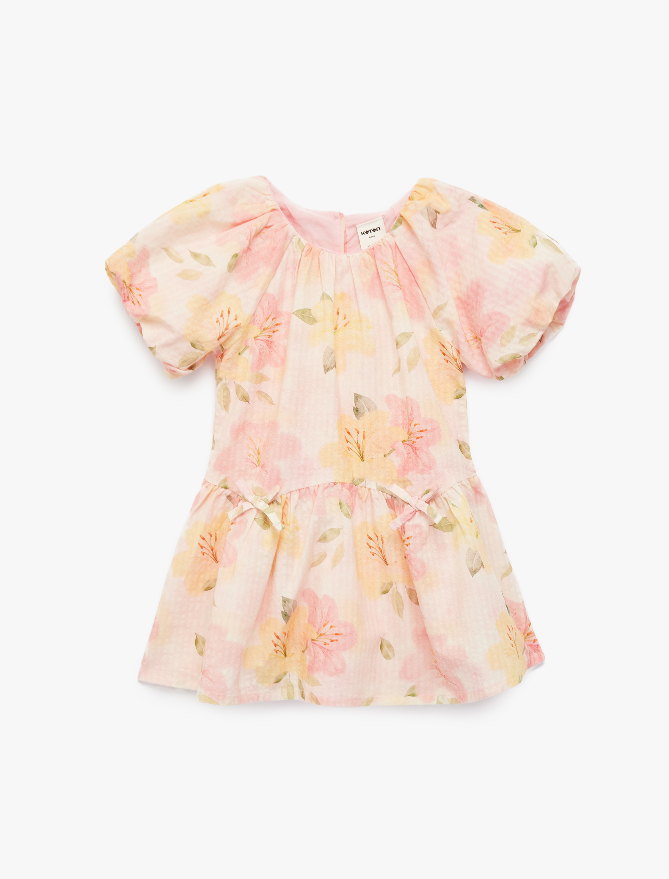  Kız Bebek Kısa Kollu Büzgü Detaylı Bisiklet Yaka Pamuklu Çiçekli Elbise