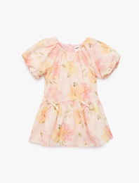 Kısa Kollu Büzgü Detaylı Bisiklet Yaka Pamuklu Çiçekli Elbise