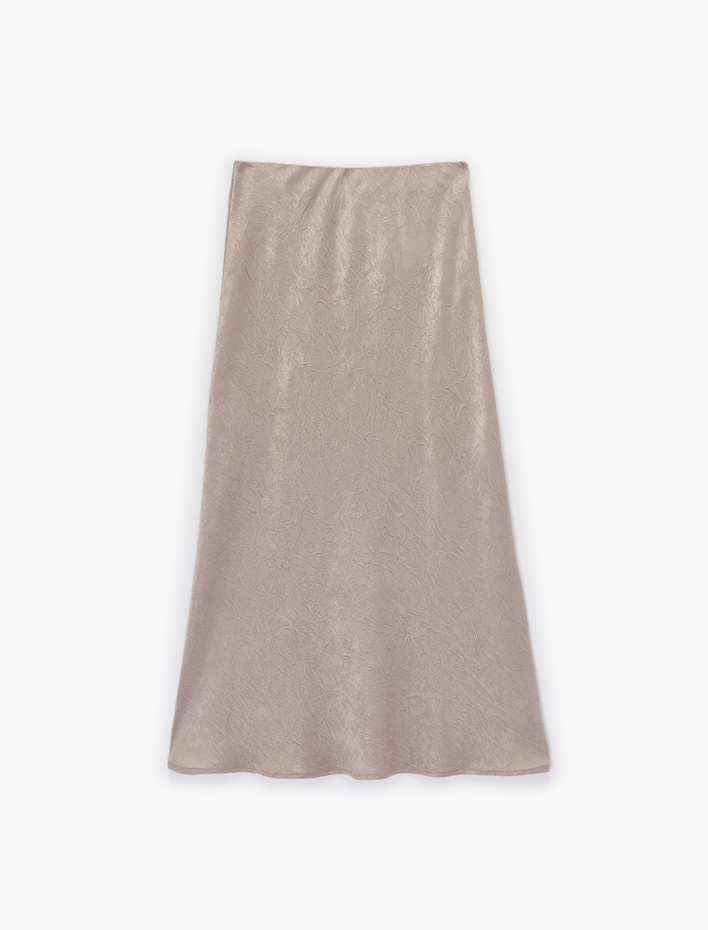  Balık Kesim Slim Fit Midi Boy Dokulu Saten Etek