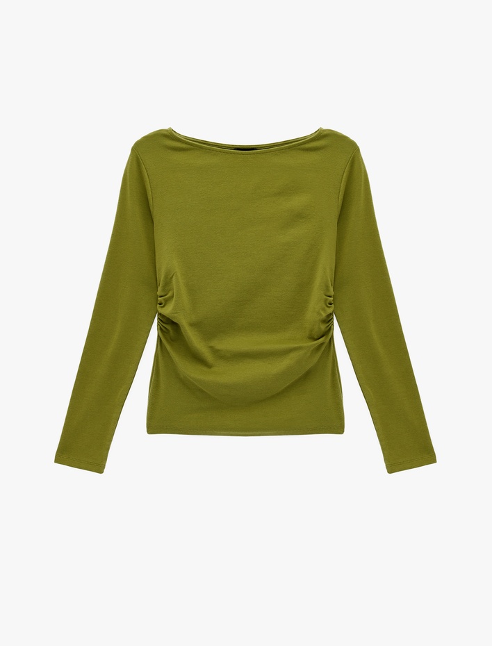  Pamuklu Slim Fit Geniş Yuvarlak Yaka Uzun Kollu Tişört