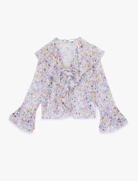 V Yaka Bağlama Detaylı Uzun İspanyol Kollu Fırfırlı Çiçekli Şifon Bluz