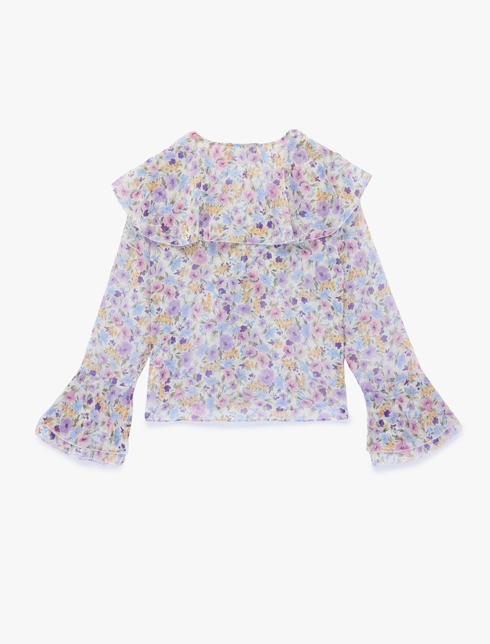  V Yaka Bağlama Detaylı Uzun İspanyol Kollu Fırfırlı Çiçekli Şifon Bluz