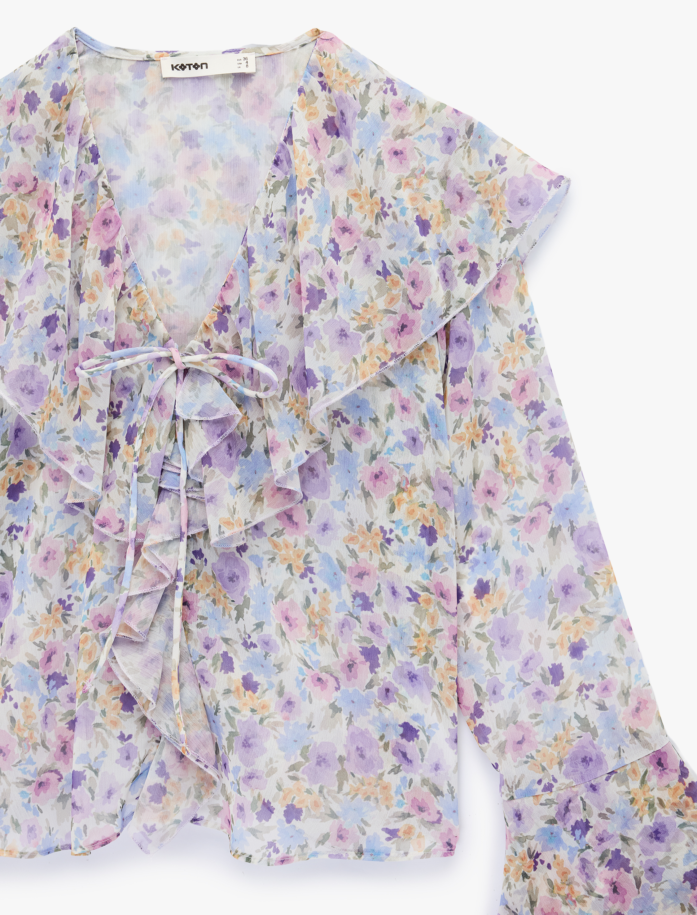   V Yaka Bağlama Detaylı Uzun İspanyol Kollu Fırfırlı Çiçekli Şifon Bluz