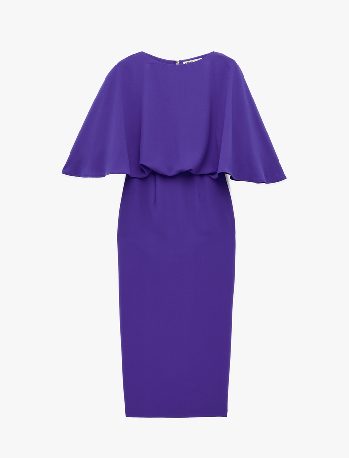  Yırtmaçlı Yuvarlak Yaka Volümlü Kısa Yarasa Kollu Midi Kalem Elbise