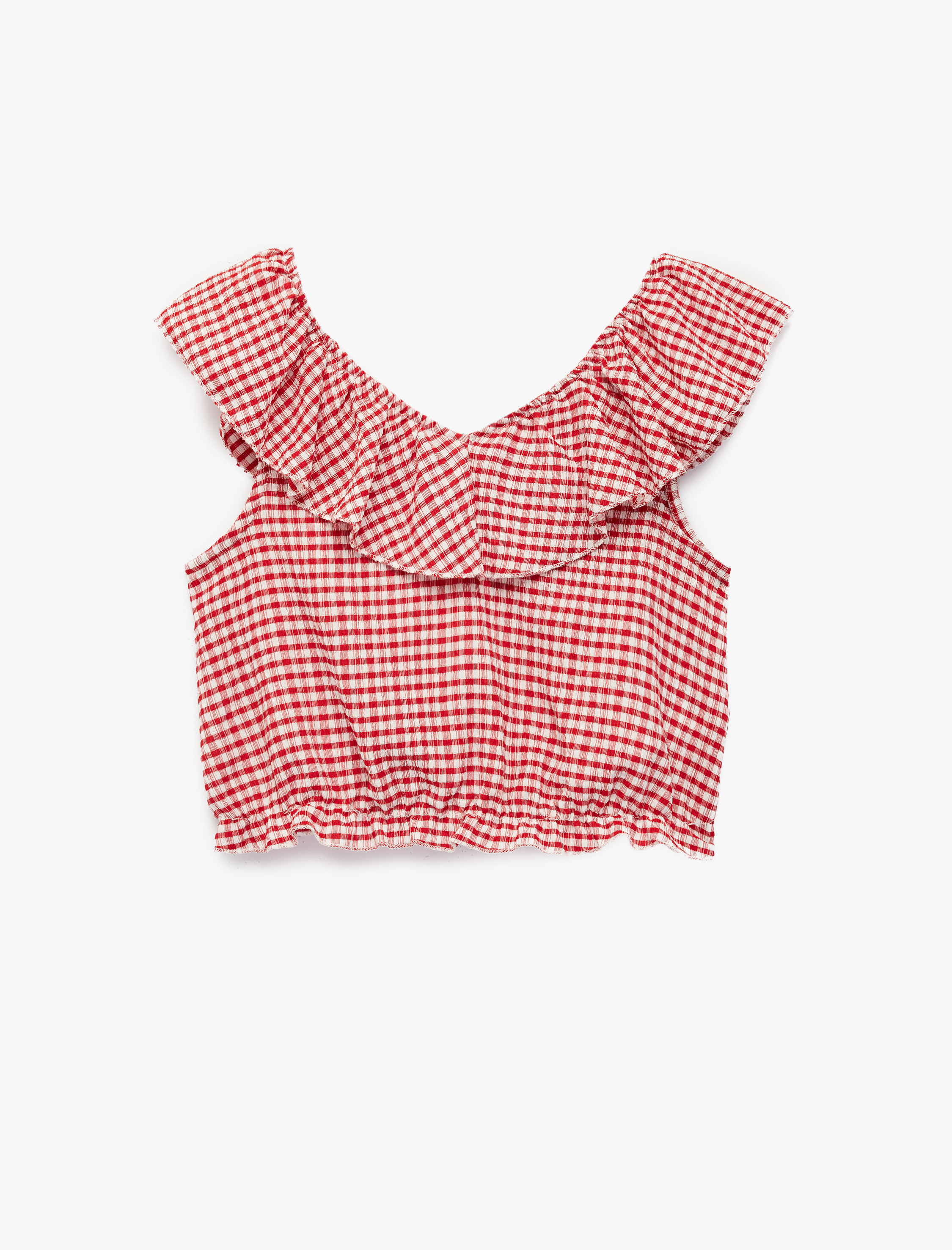  Kız Çocuk Fırfırlı Kolsuz Düşük Omuz Ekoseli Crop Bluz