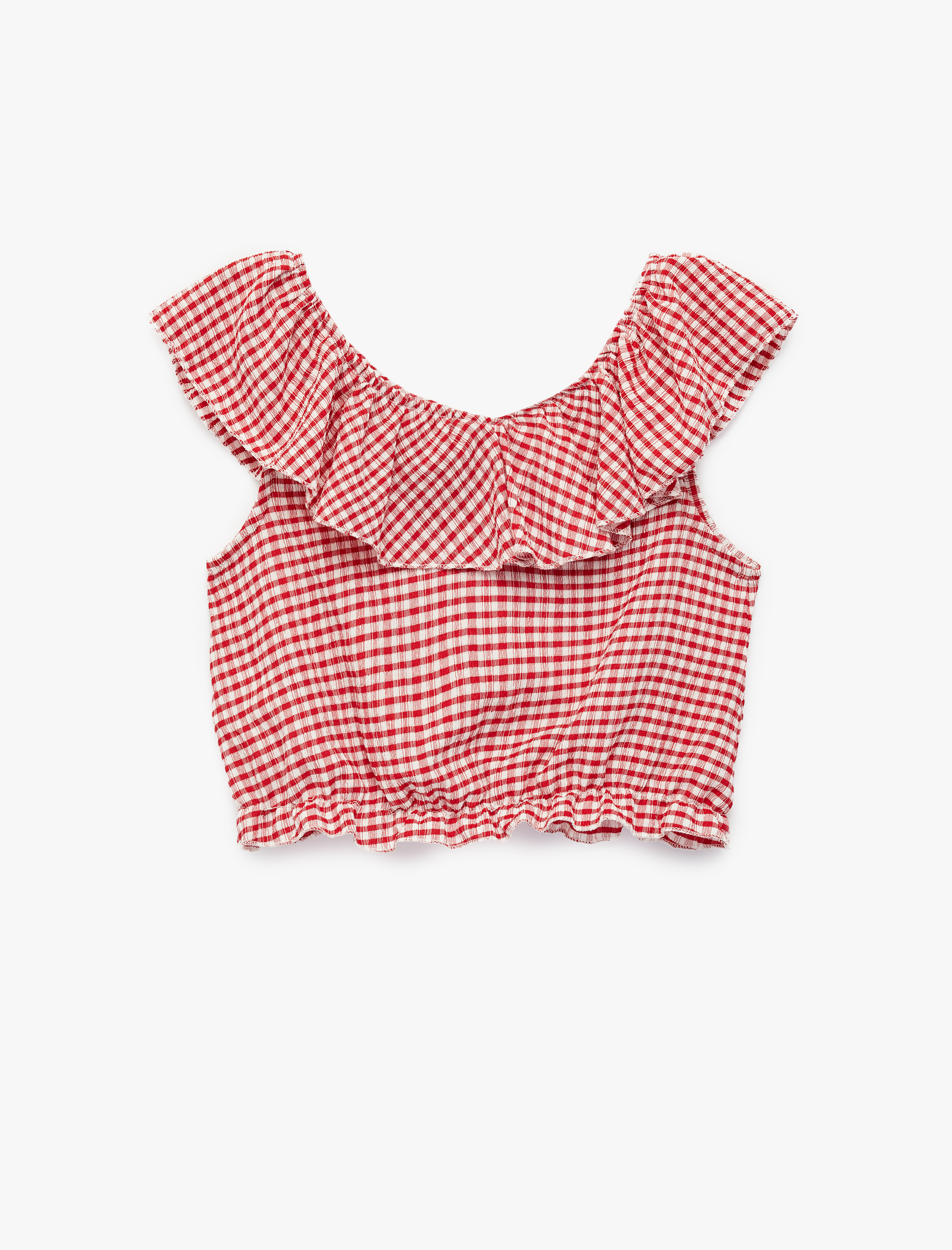  Kız Çocuk Fırfırlı Kolsuz Düşük Omuz Ekoseli Crop Bluz