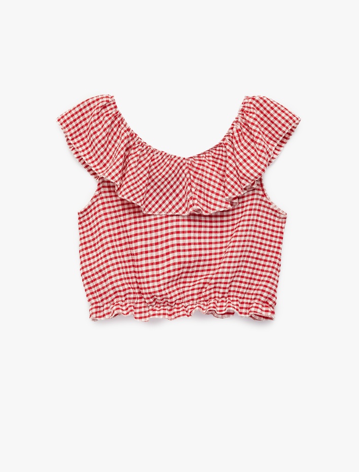 Kız Çocuk Fırfırlı Kolsuz Düşük Omuz Ekoseli Crop Bluz