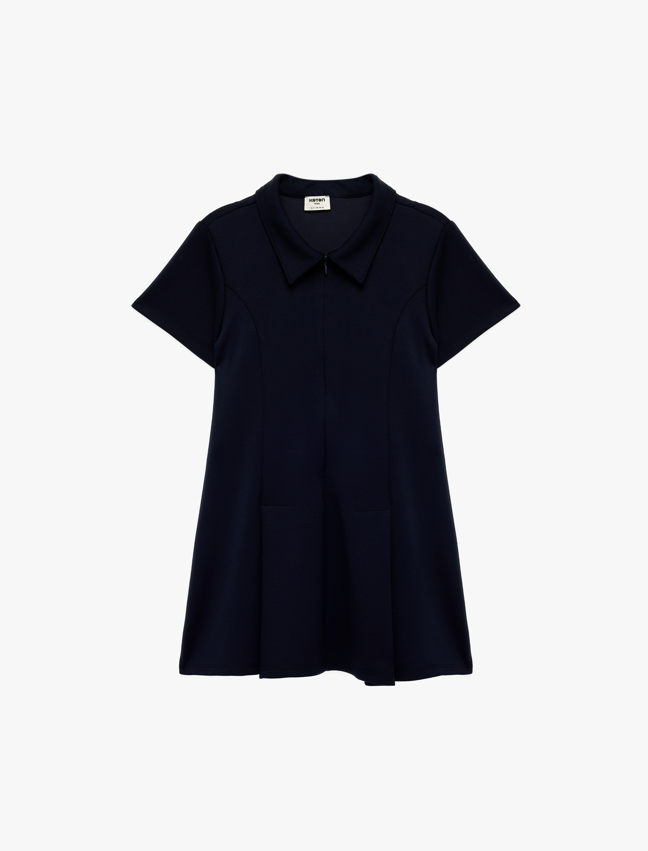  Kız Çocuk Pileli Fermuarlı  Viskon Karışımlı Kısa Kollu Gömlek Yaka Elbise