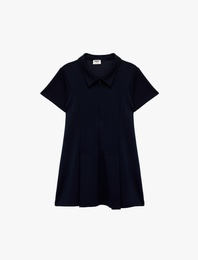 Pileli Fermuarlı  Viskon Karışımlı Kısa Kollu Gömlek Yaka Elbise