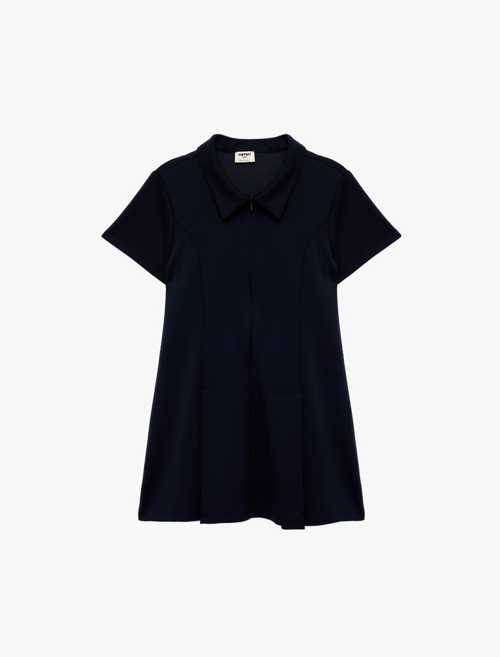 Kız Çocuk Pileli Fermuarlı  Viskon Karışımlı Kısa Kollu Gömlek Yaka Elbise