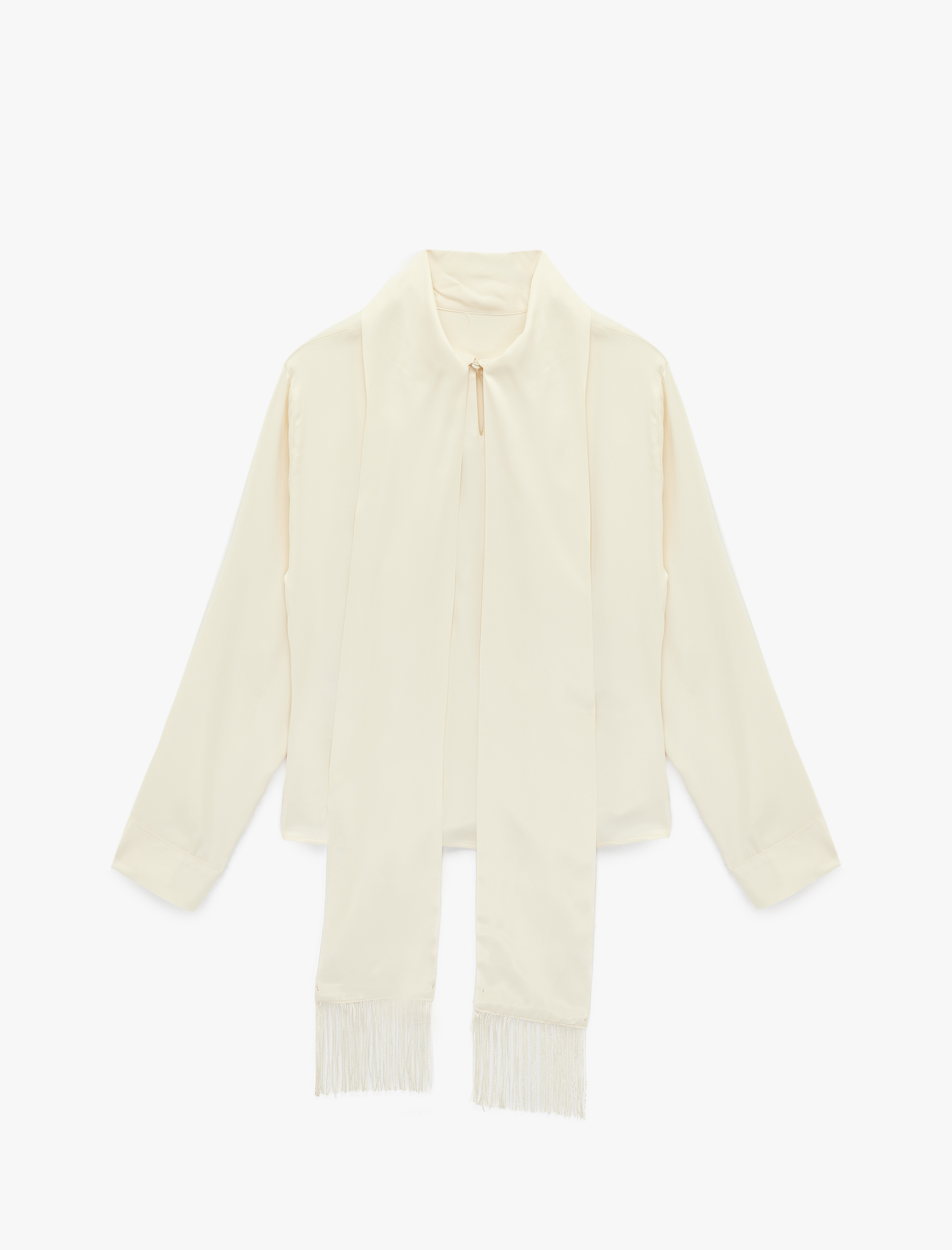   Uzun Kollu Şal Yaka Püsküllü Saten Bluz