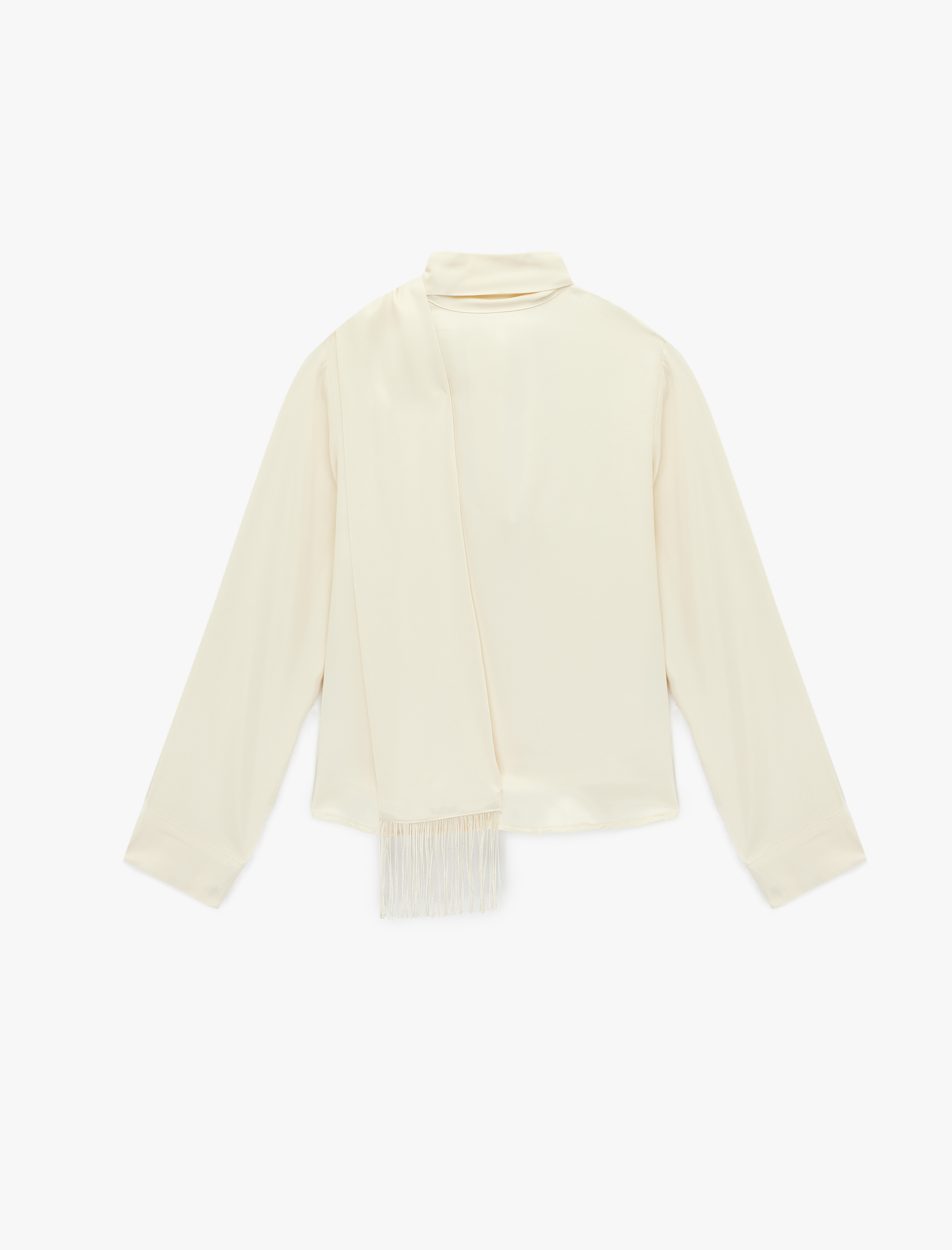   Uzun Kollu Şal Yaka Püsküllü Saten Bluz