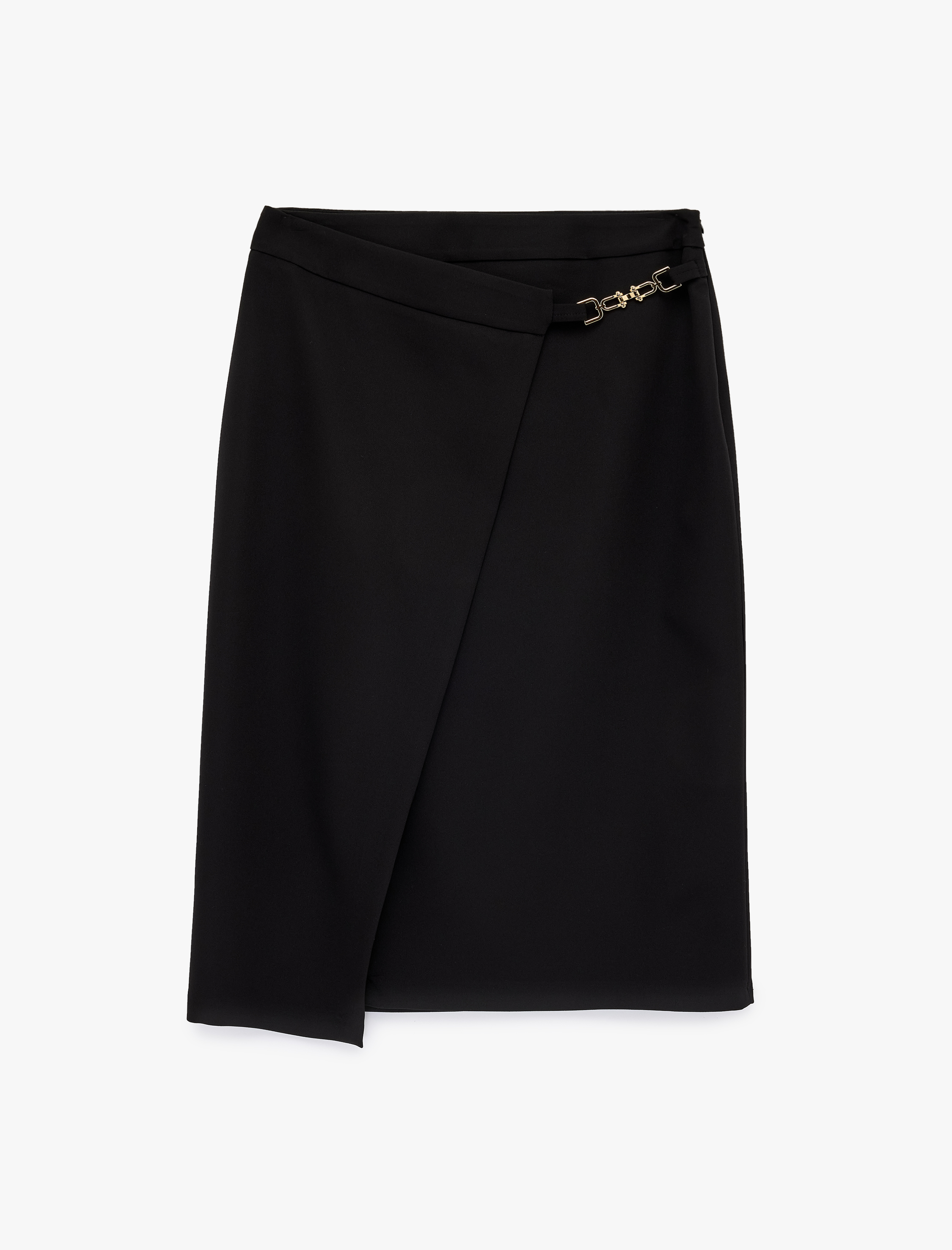   Metal Aksesuarlı Asimetrik Kruvaze Midi Etek