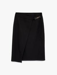 Metal Aksesuarlı Asimetrik Kruvaze Midi Etek