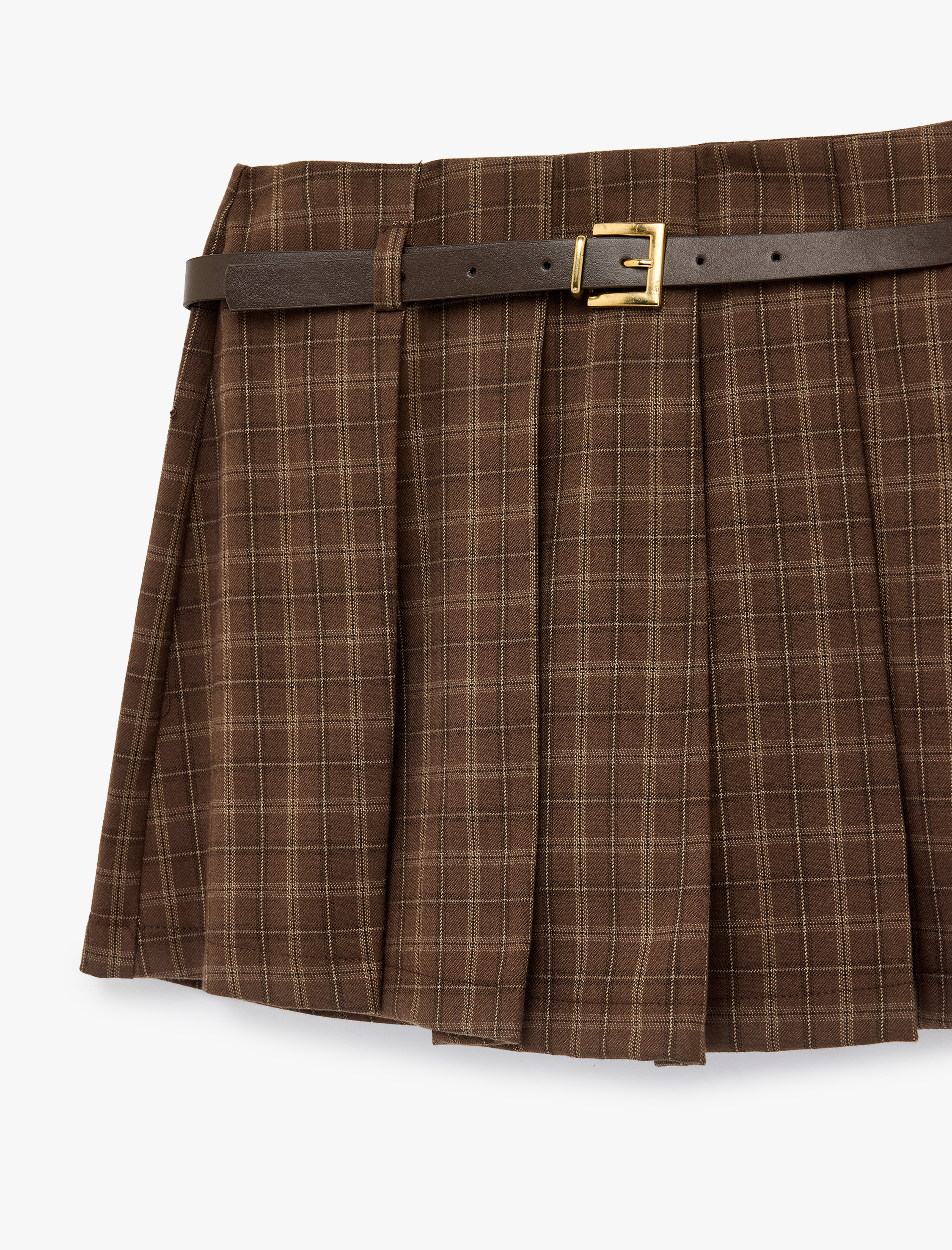   Kemerli Pile Detaylı Mini Ekose Şort Etek