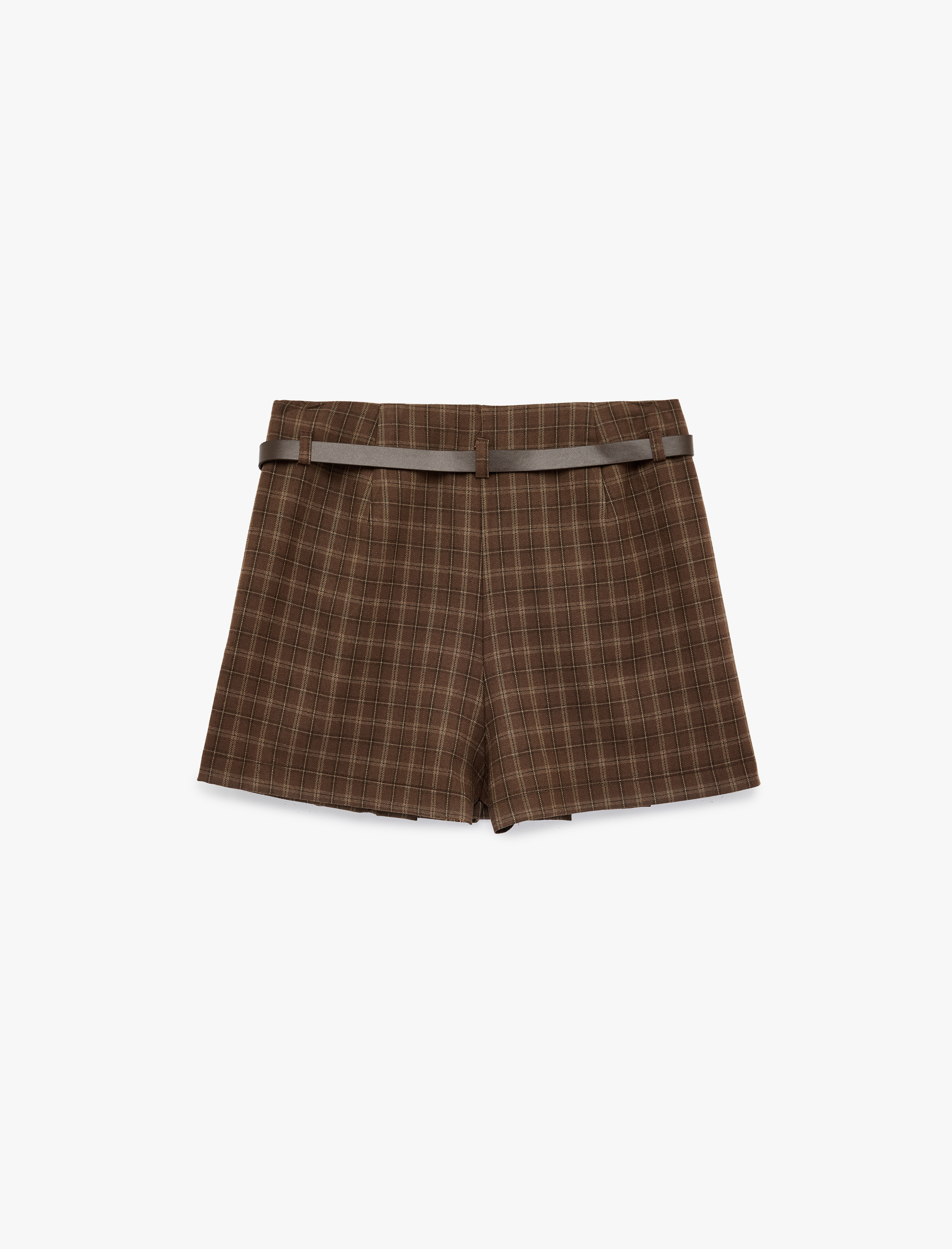   Kemerli Pile Detaylı Mini Ekose Şort Etek