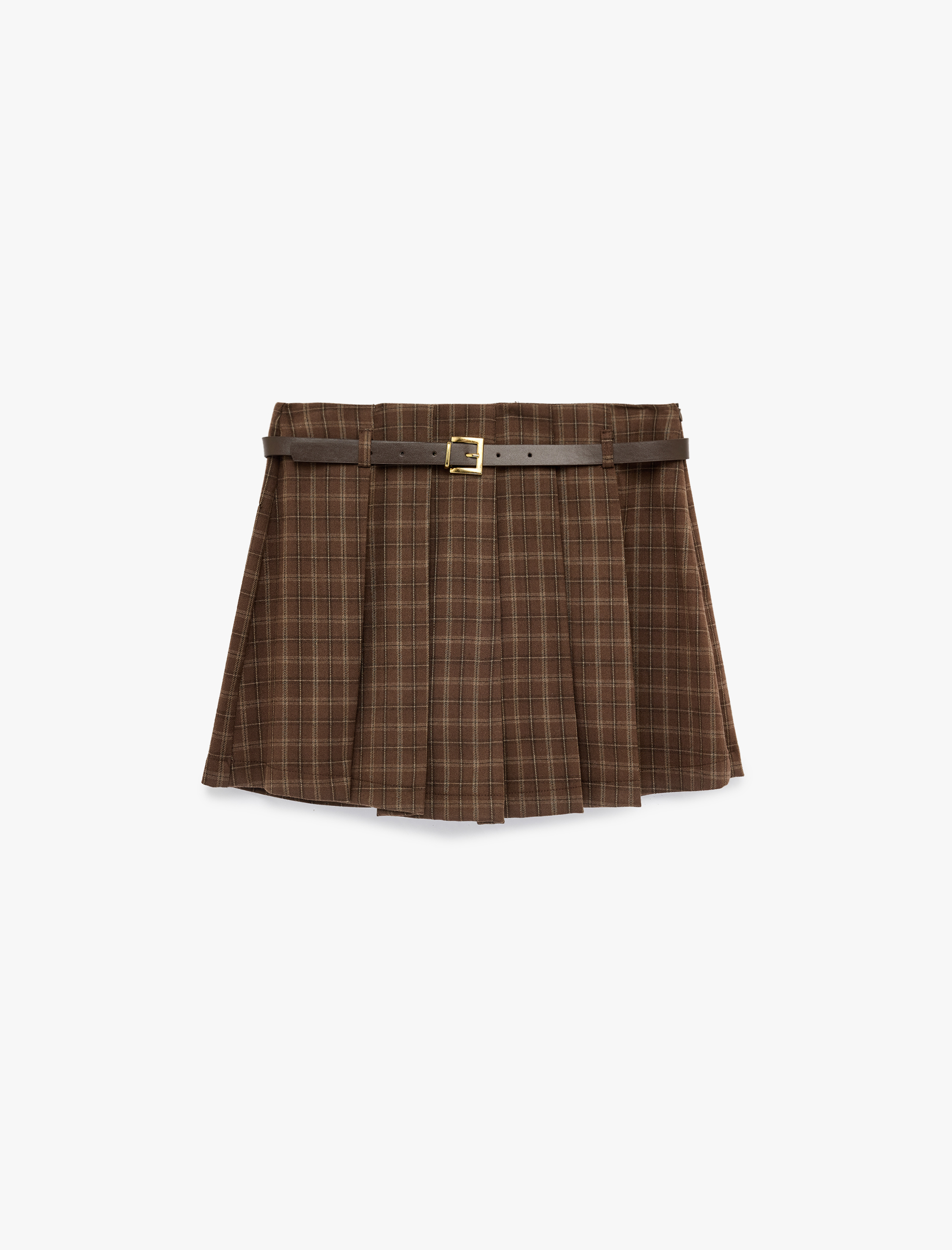   Kemerli Pile Detaylı Mini Ekose Şort Etek