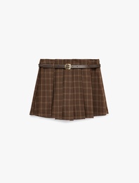 Kemerli Pile Detaylı Mini Ekose Şort Etek