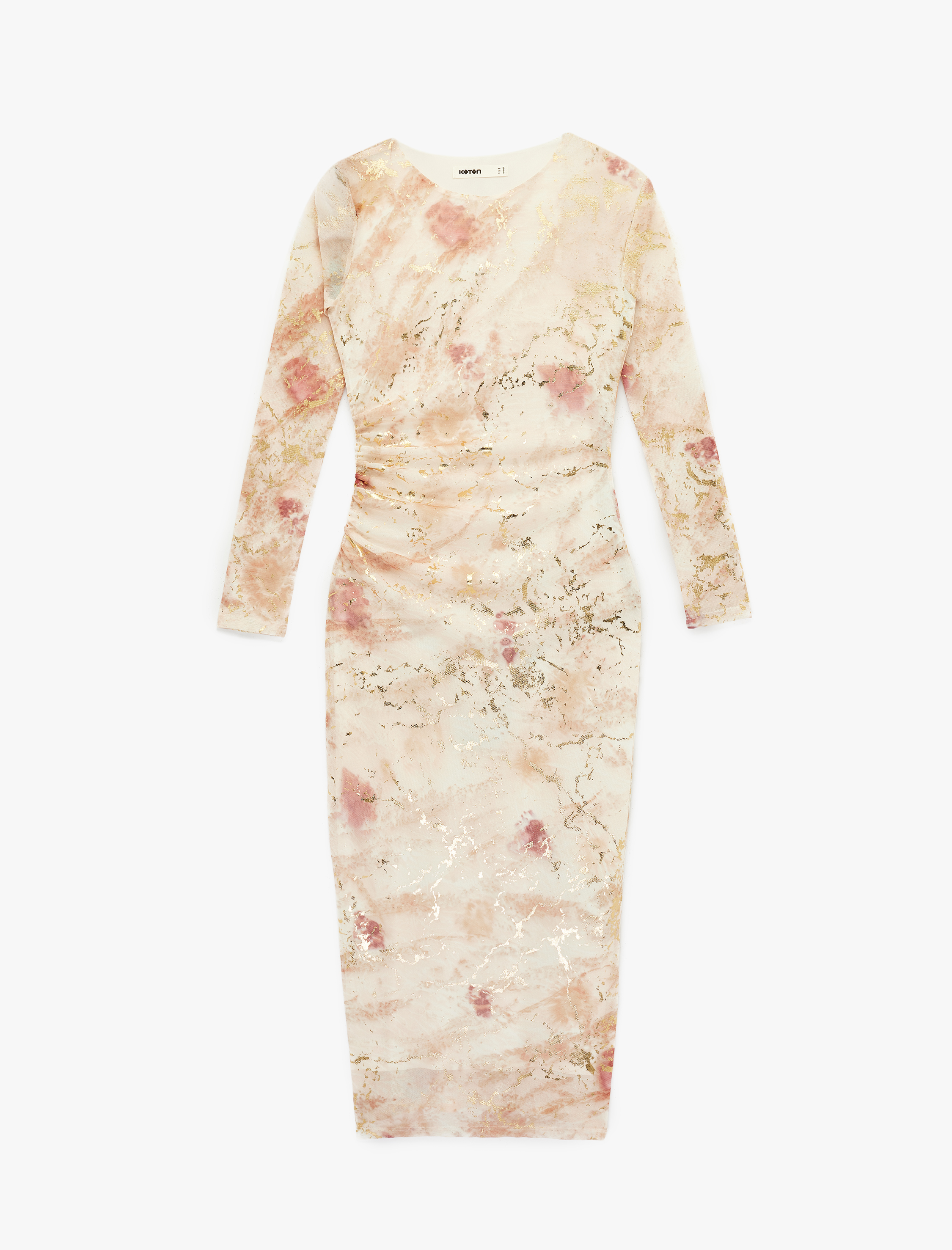   Uzun Kollu Batik Desenli Varak Baskılı Parıltılı Bodycon Kalem Elbise