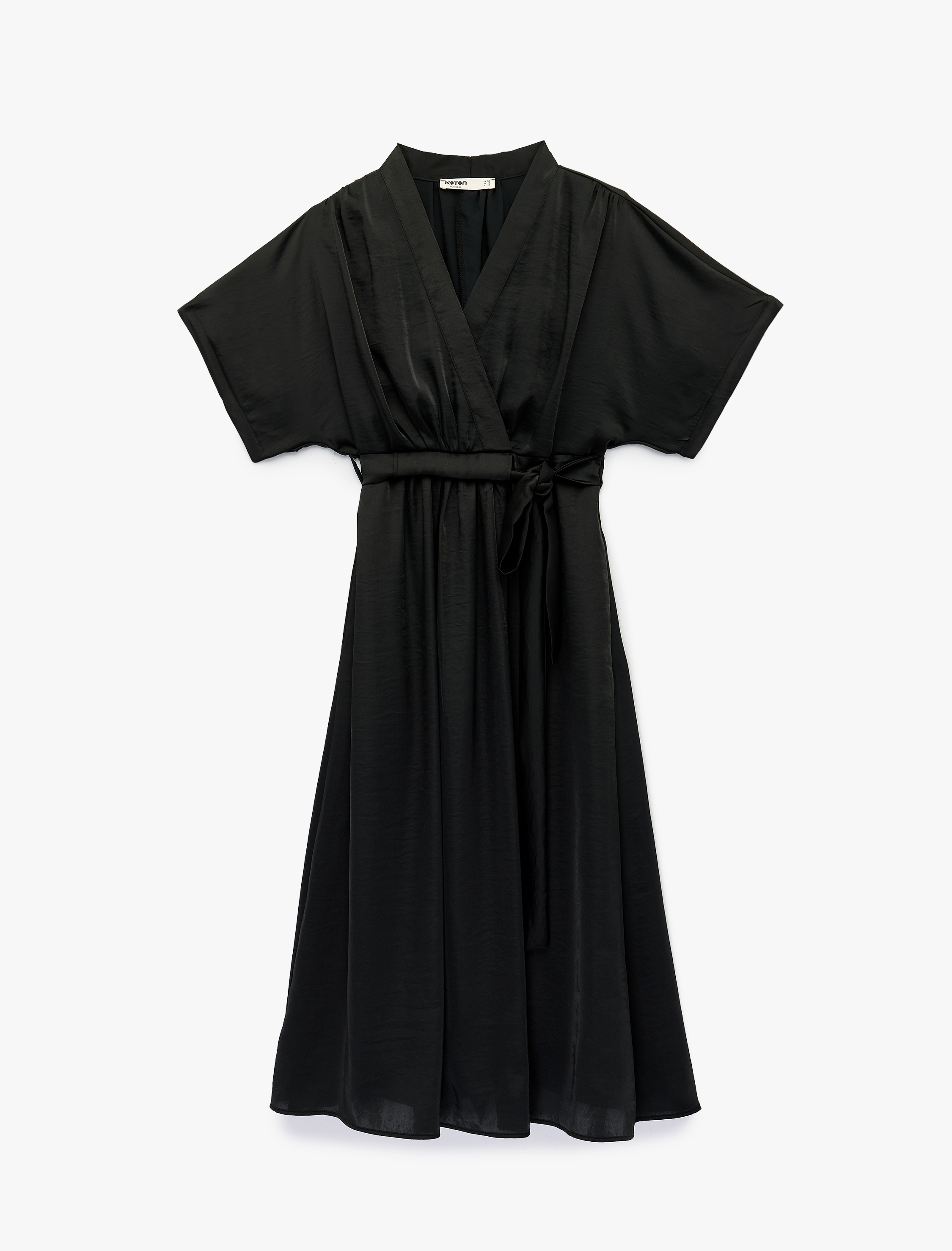   Kısa Kollu Kemer Detaylı Kruvaze Midi Saten Elbise