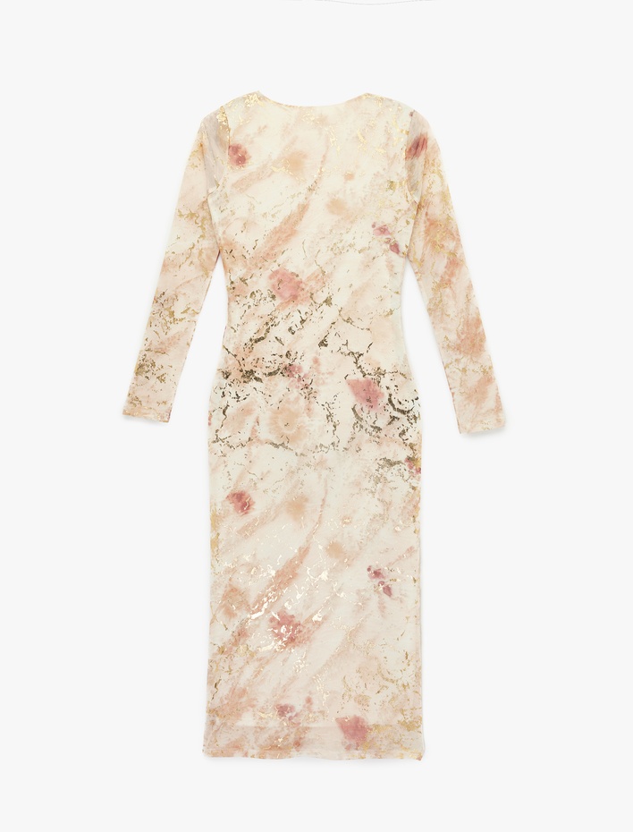  Uzun Kollu Batik Desenli Varak Baskılı Parıltılı Bodycon Kalem Elbise