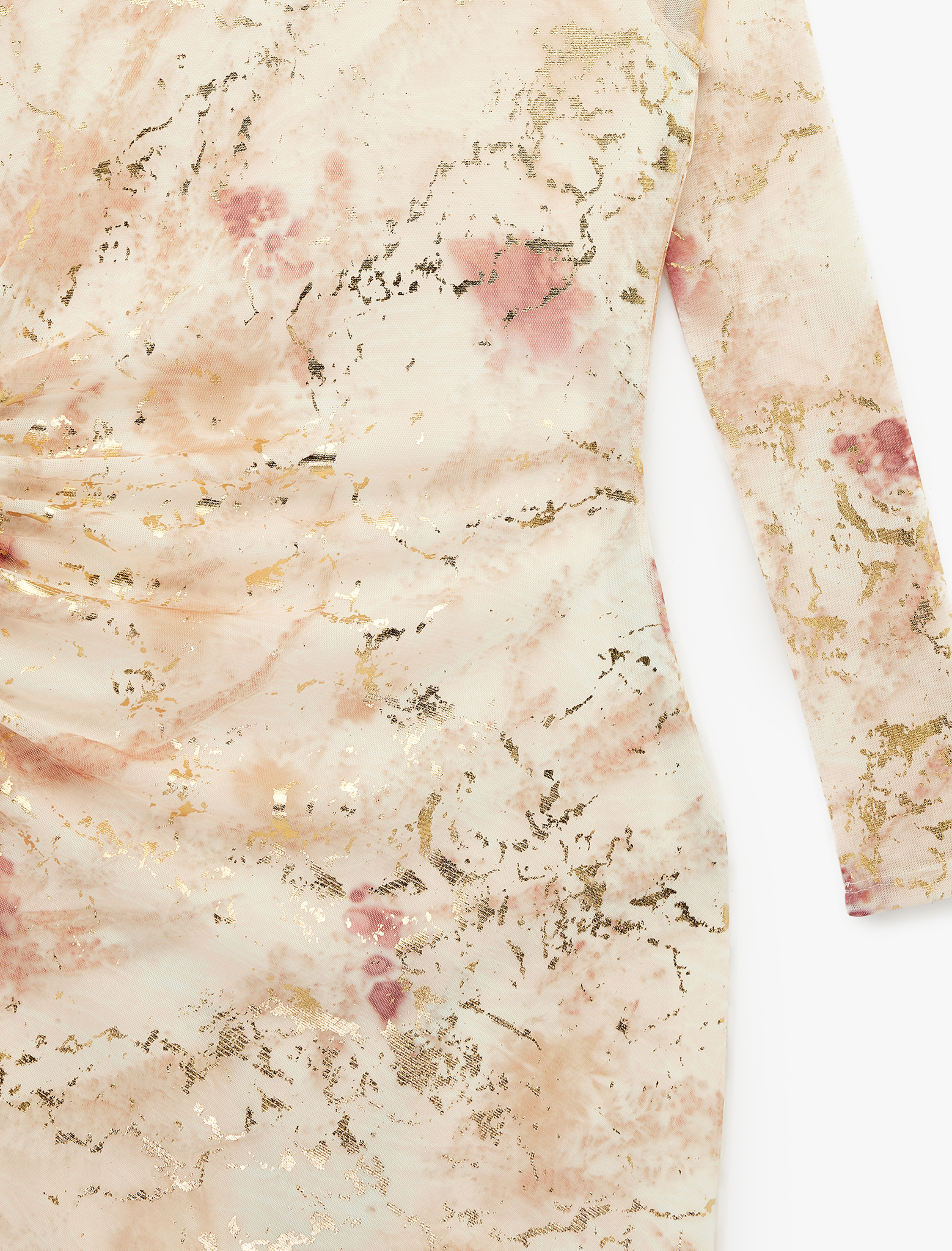   Uzun Kollu Batik Desenli Varak Baskılı Parıltılı Bodycon Kalem Elbise