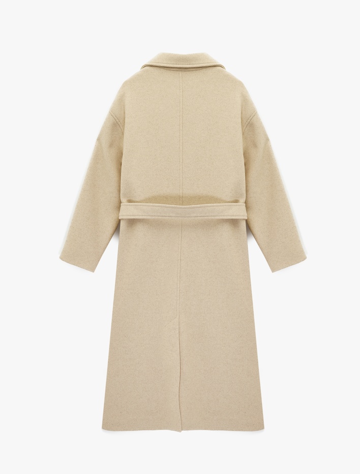  Uzun Kollu Düğmeli Cepli Kruvaze Uzun Kemerli Kaşe Kaban