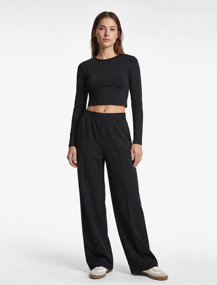  Yüksek Bel Lastikli Nervürlü Geniş Paça Spor Eşofman Altı