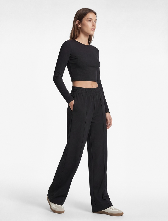  Yüksek Bel Lastikli Nervürlü Geniş Paça Spor Eşofman Altı