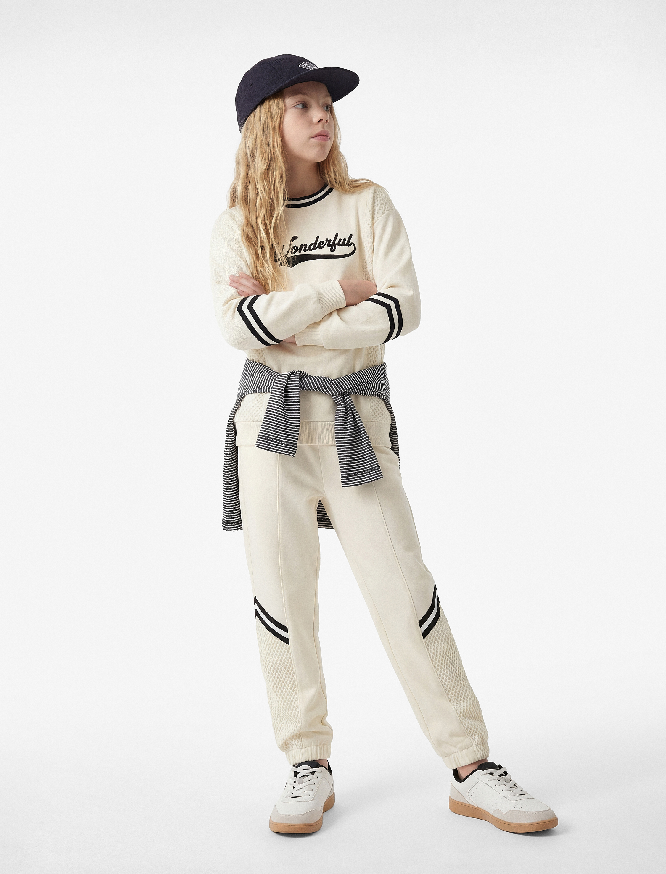  Kız Çocuk Pamuklu File Detaylı Şardonlu Jogger Eşofman Altı