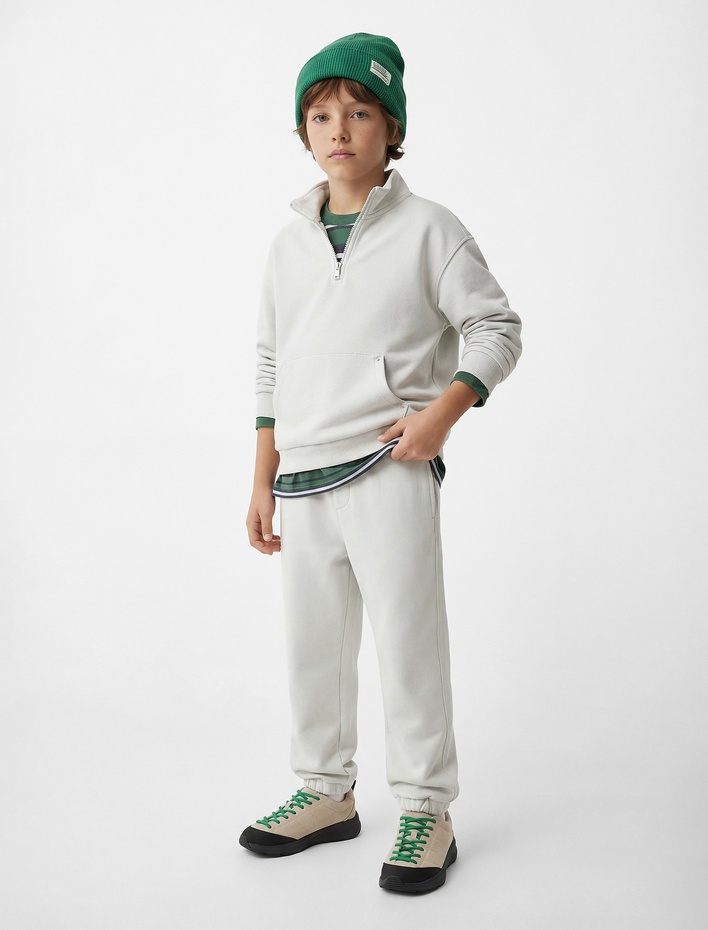 Erkek Çocuk Yarım Fermuarlı Kanguru Cepli Uzun Kollu Dik Yaka Oversize Sweatshirt