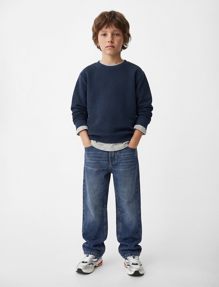 Erkek Çocuk Pamuklu Uzun Kollu Bisiklet Yaka Basic Sweatshirt