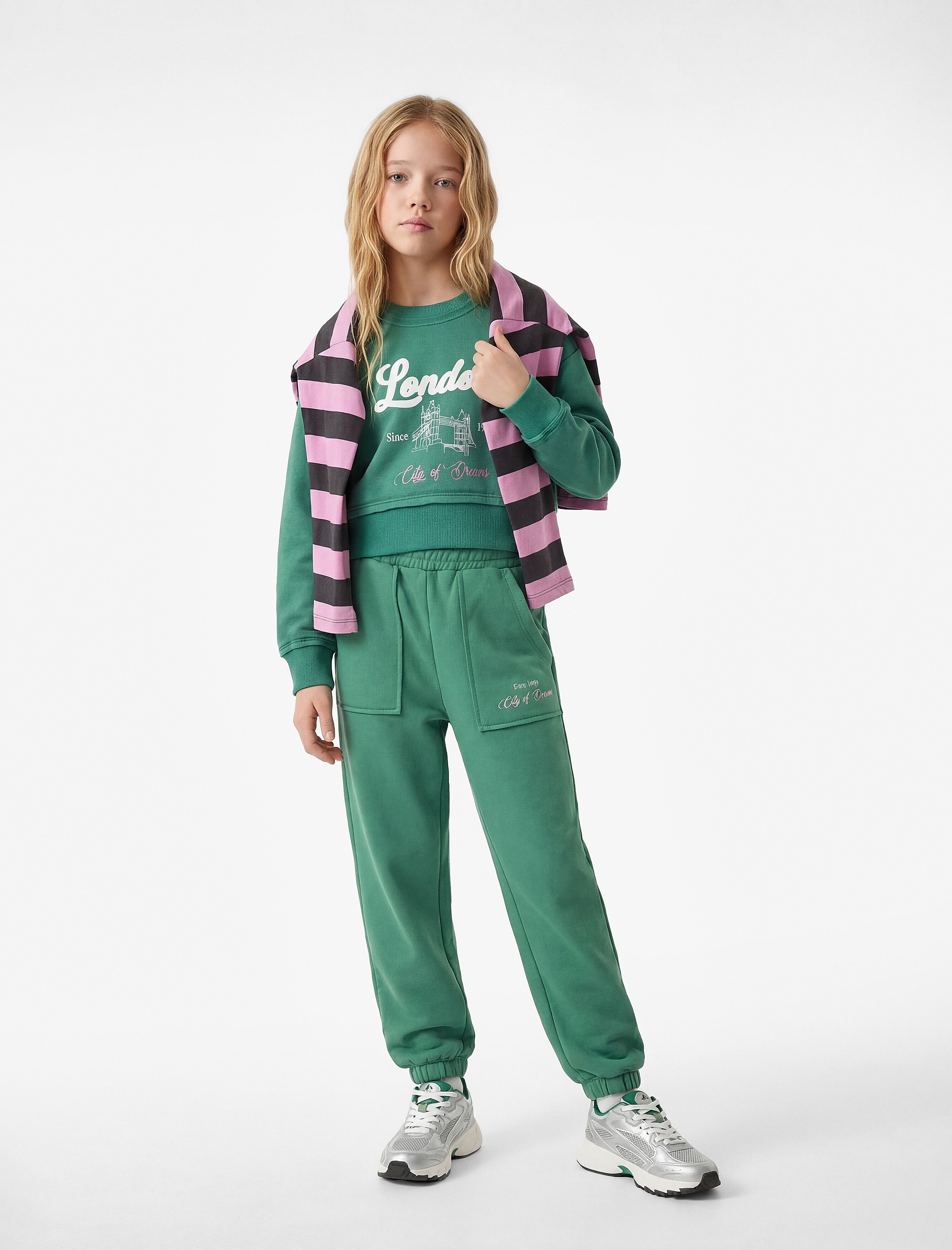  Kız Çocuk Şardonlu Baskılı Cep Detaylı Jogger Eşofman Altı