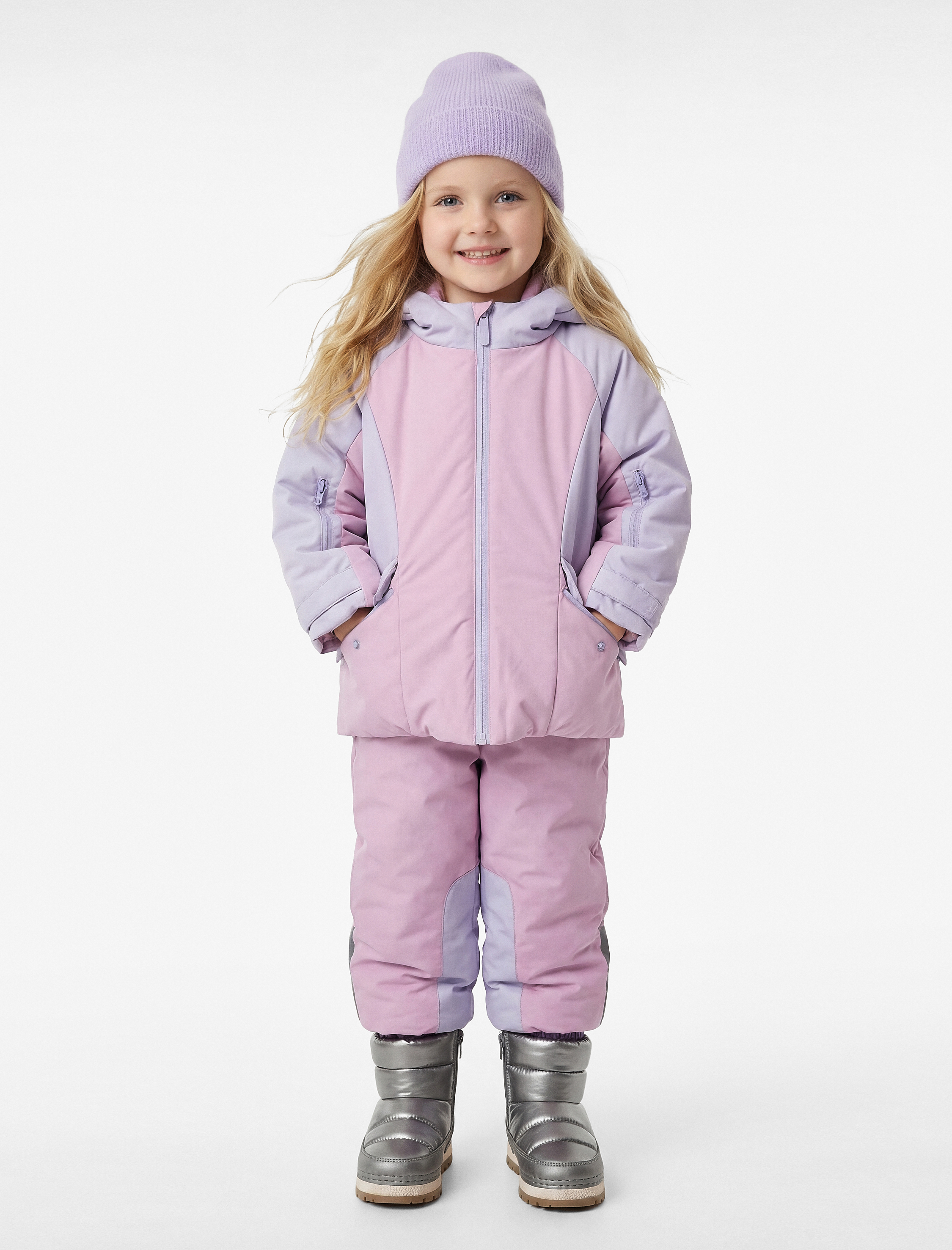  Kız Bebek Uzun Kollu Kapaklı Cep Detaylı Renk Bloklu Fermuarlı Kapşonlu Oversize Kayak Montu