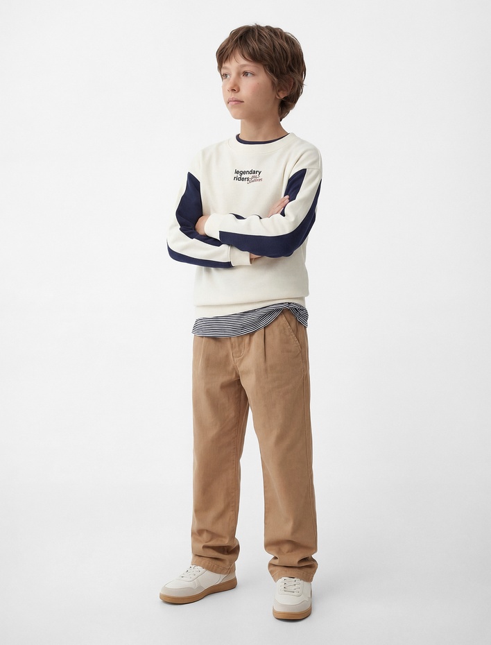 Erkek Çocuk Şardonlu Renk Kontrastlı Uzun Kollu Bisiklet Yaka Baskılı Oversize Sweatshirt