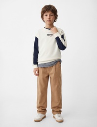 Şardonlu Renk Kontrastlı Uzun Kollu Bisiklet Yaka Baskılı Oversize Sweatshirt