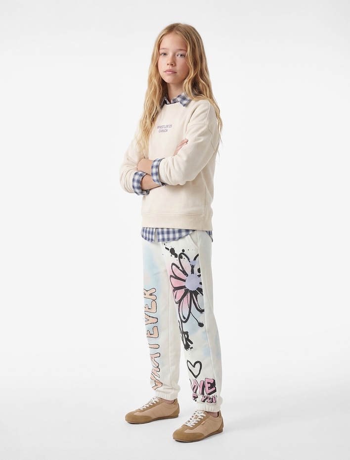 Kız Çocuk Şardonlu Beli Lastikli Baskılı Jogger Eşofman Altı