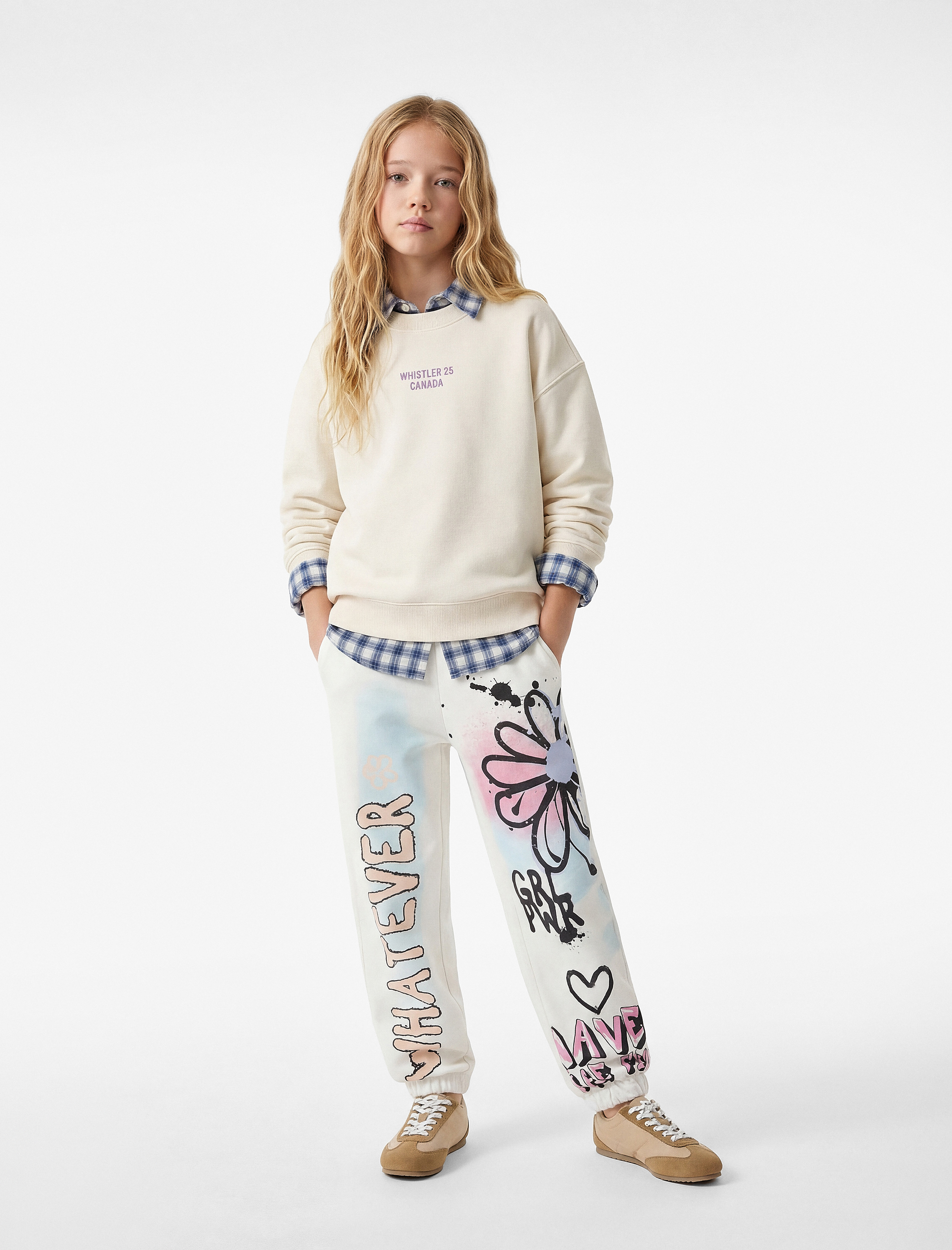  Kız Çocuk Şardonlu Beli Lastikli Baskılı Jogger Eşofman Altı