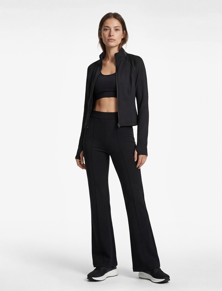  Rahat Kalıp Nervür Detaylı Yüksek Bel Spor İspanyol Paça Tayt